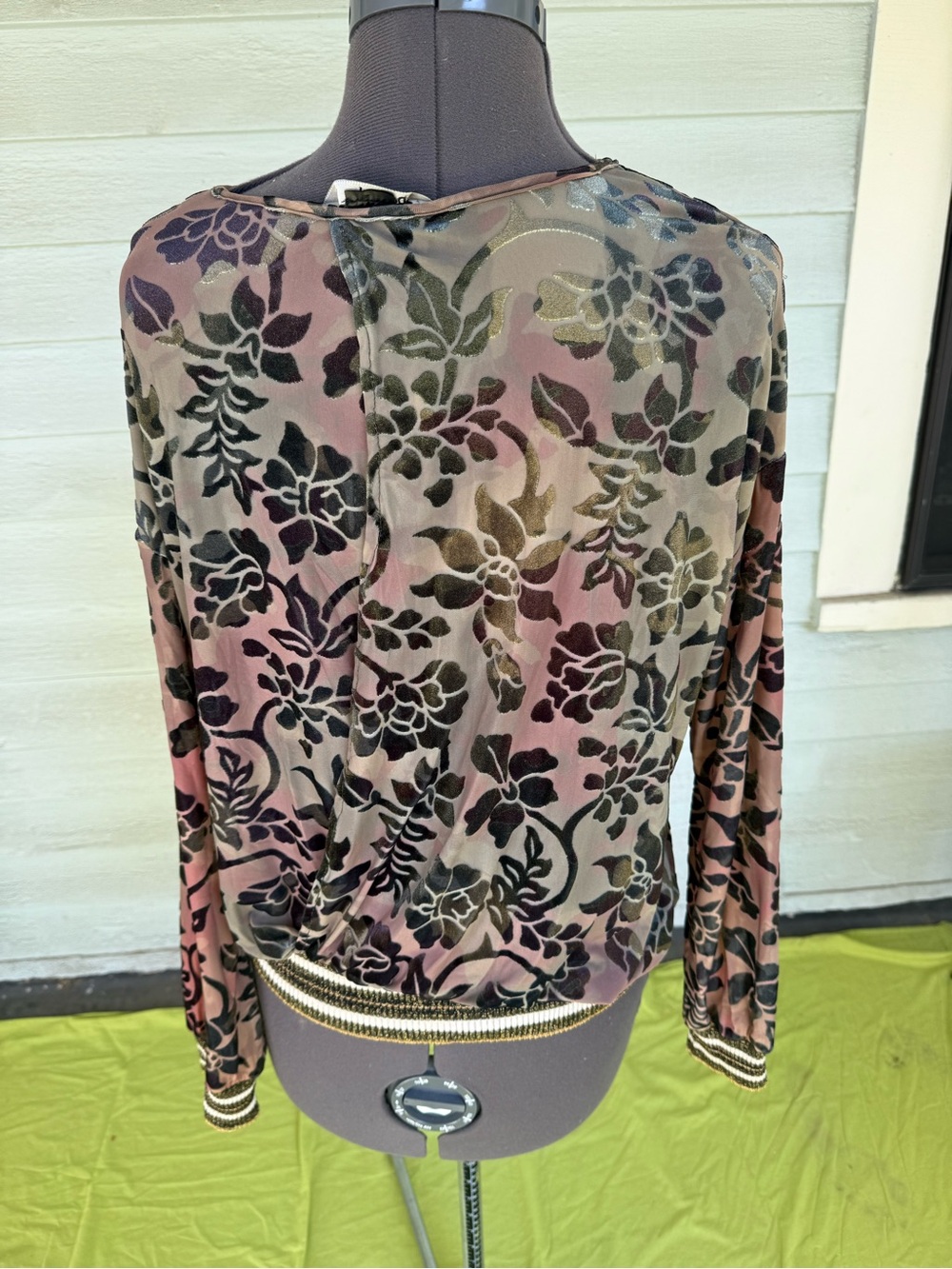 Desigual Pink Black Floral Velvet-Overlay Blouse with Metallic Trim